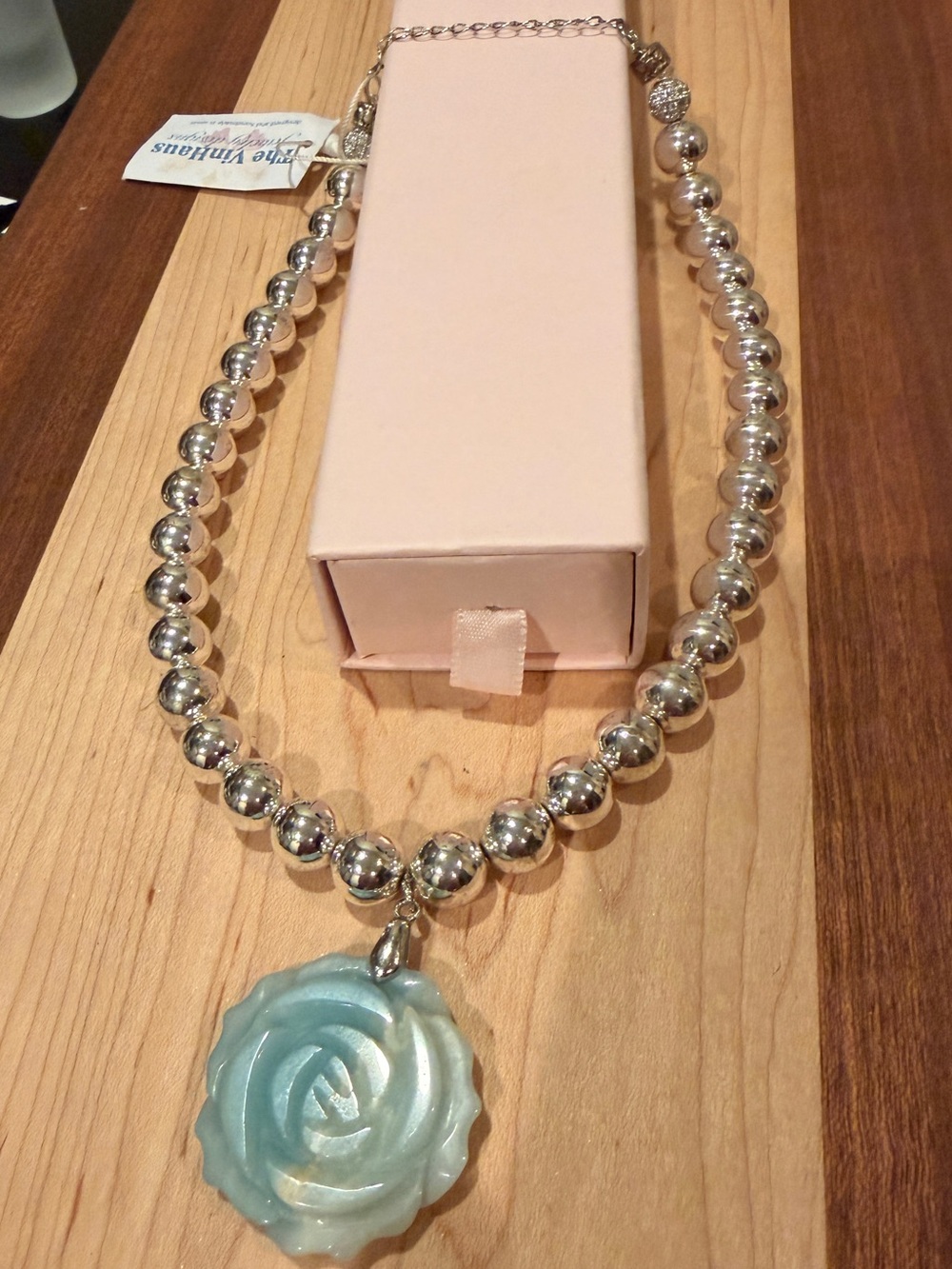 Silver Beaded Necklace with Blue Rose Pendant